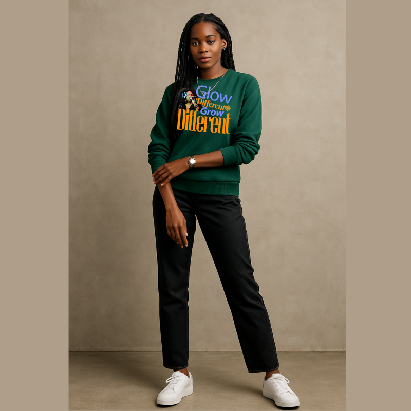 Glow Different Sweatshirt – 'Glow Different, Grow Different' Motivational Crewneck – Unisex Fleece Pullover